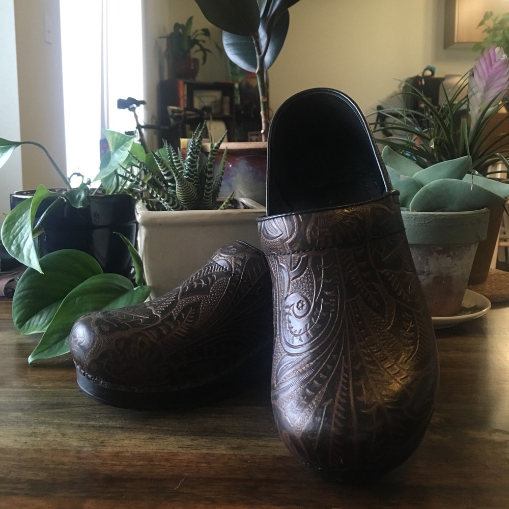 SOLD Dansko Brown Tooled Leather Clogs